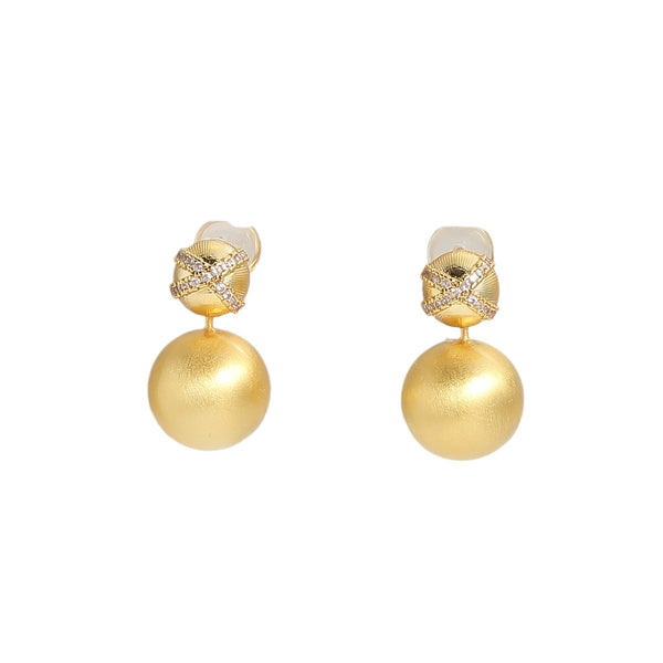 Italian style Rigato effect Hand-brushed Double Ball Earrings, Cross Design with Cubic Zironia