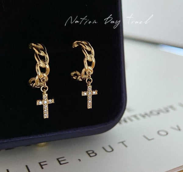 Chain Hoop Earrings with Cross 18K Gold,Christmas gift