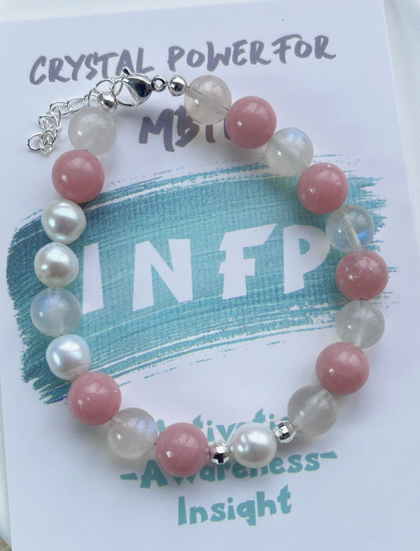 INFP  Natural Crystal, Moonstone, Pink Opal, Pearl, 14K Gold plated